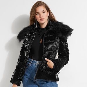 Guess Shiny Puffer Jacket Fur Collar Black S
